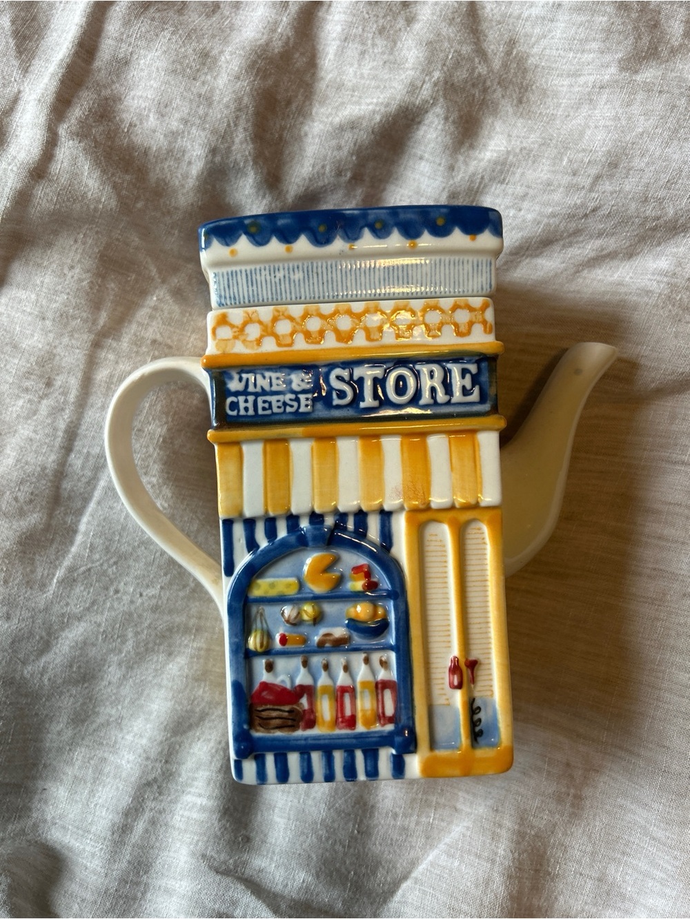 Vintage MSRF Neighborhood Buildings Wine & Cheese Store Teapot Figural Ceramic